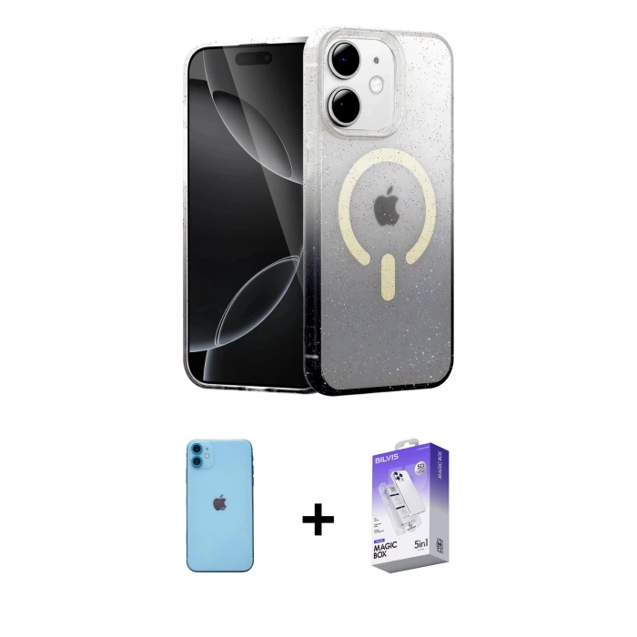 MARSİLYAN™- iPhone 11 Kılıf Eksen Minimal Özel Seri - Siyah Bilvis 5in1 3D Magic Cam Ekran Koruyucu + Neon Fosforlu Kamera Lens - MI