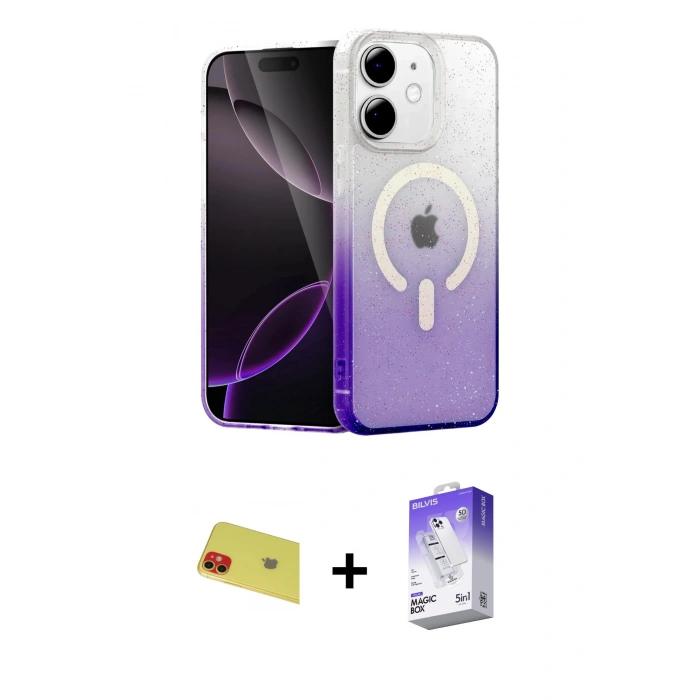 MARSİLYAN™- iPhone 11 Kılıf Eksen Minimal Özel Seri - Siyah Bilvis 5in1 3D Magic Cam Ekran Koruyucu + Rainbow Kamera Lens Koruma Cam - KI