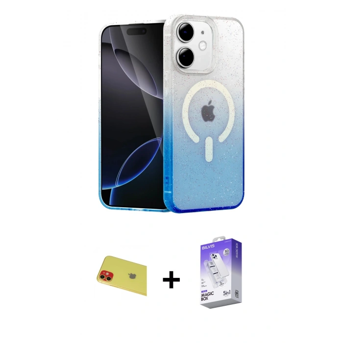 MARSİLYAN™- iPhone 11 Kılıf Eksen Minimal Özel Seri - Siyah Bilvis 5in1 3D Magic Cam Ekran Koruyucu + Rainbow Kamera Lens Koruma Cam - KI