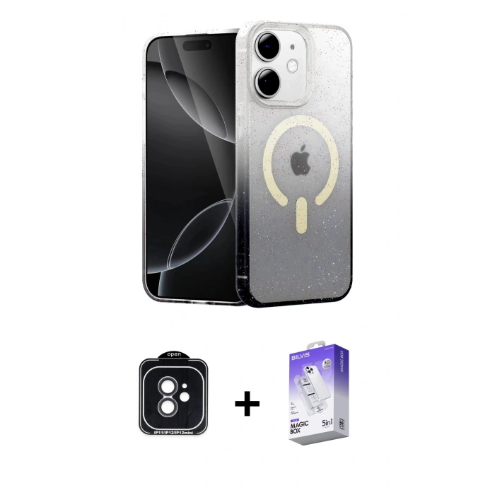 MARSİLYAN™- iPhone 11 Kılıf Eksen Minimal Özel Seri - Siyah Bilvis 5in1 3D Magic Cam Ekran Koruyucu + Siyah PVD Metal Kamera Lens