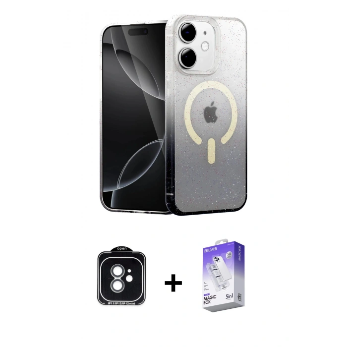 MARSİLYAN™- iPhone 11 Kılıf Eksen Minimal Özel Seri - Siyah Bilvis 5in1 3D Magic Cam Ekran Koruyucu + PVD Metal Kamera Lens - YL