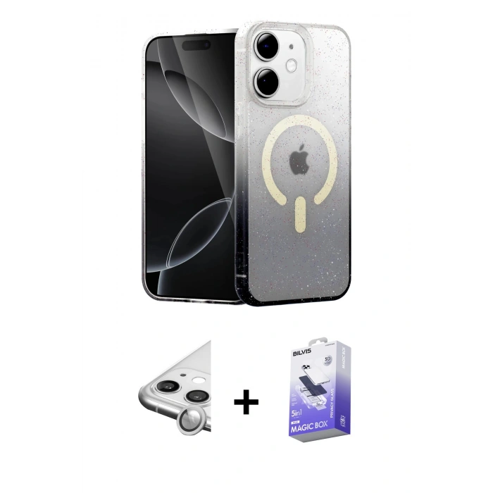 MARSİLYAN™- iPhone 11 Kılıf Eksen Minimal Özel Seri - Siyah Bilvis 5in1 5D Magic Hayalet Cam Ekran Koruyucu + Raze Metal Kamera Lens - GS
