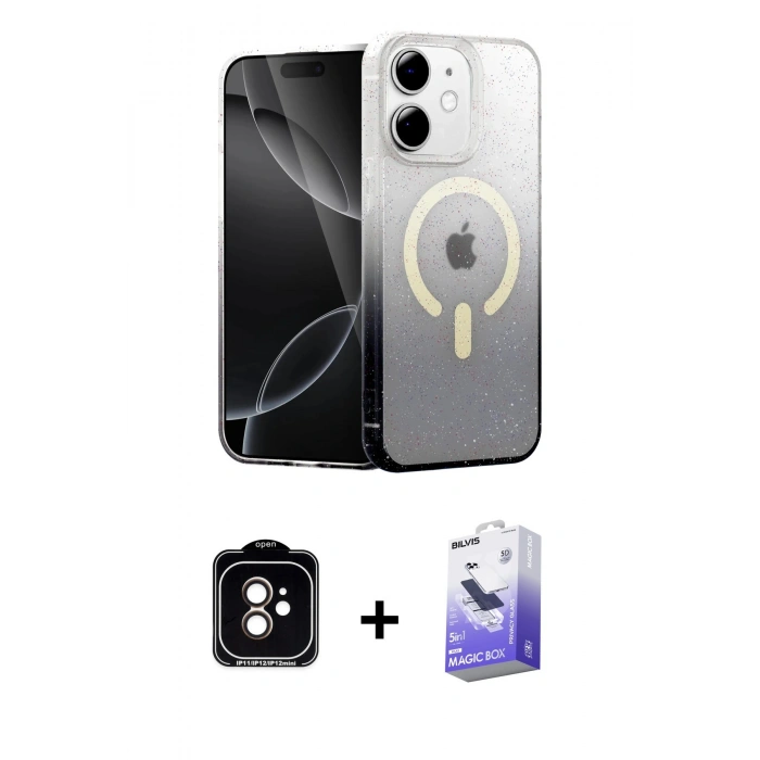 MARSİLYAN™- iPhone 11 Kılıf Eksen Minimal Özel Seri - Siyah Bilvis 5in1 5D Magic Hayalet Cam Ekran Koruyucu + PVD Metal Kamera Lens - TU