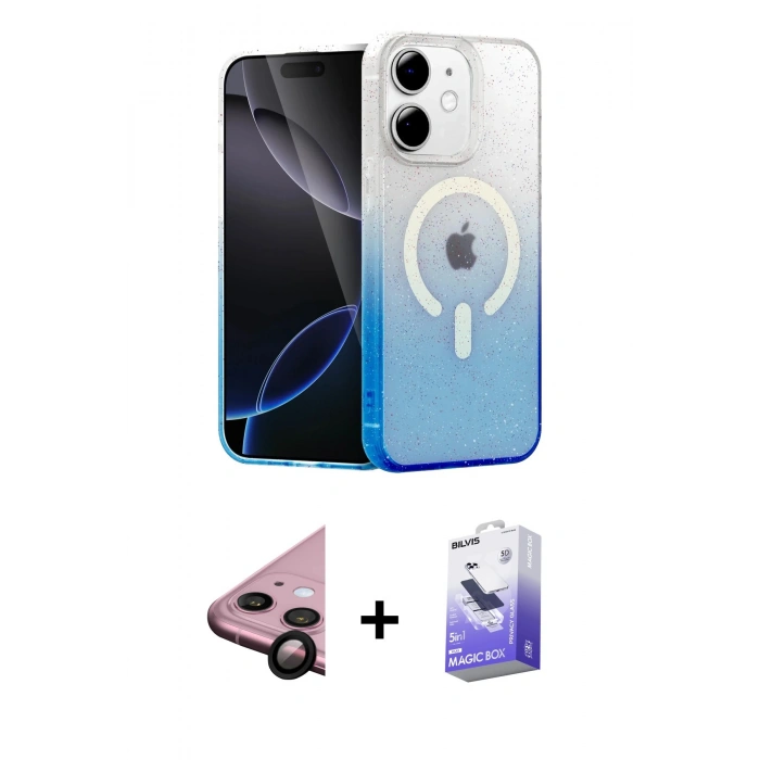 MARSİLYAN™- iPhone 11 Kılıf Eksen Minimal Özel Seri - Siyah Bilvis 5in1 5D Magic Hayalet Cam Ekran Koruyucu + Raze Metal Kamera Lens - SH
