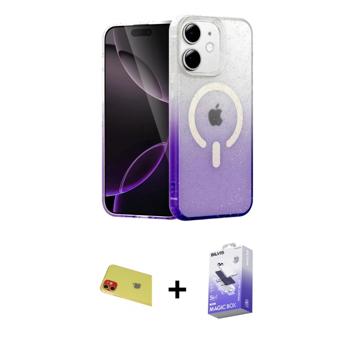 MARSİLYAN™- iPhone 11 Kılıf Eksen Minimal Özel Seri - Siyah Bilvis 5in1 5D Magic Hayalet Cam Ekran Koruyucu + Kırmızı Rainbow Kamera Lens Koruma Cam