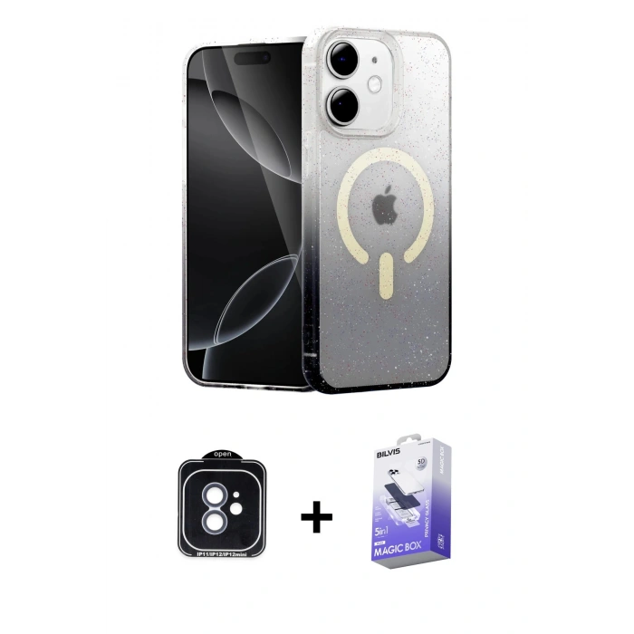 MARSİLYAN™- iPhone 11 Kılıf Eksen Minimal Özel Seri - Siyah Bilvis 5in1 5D Magic Hayalet Cam Ekran Koruyucu + PVD Metal Kamera Lens - MI