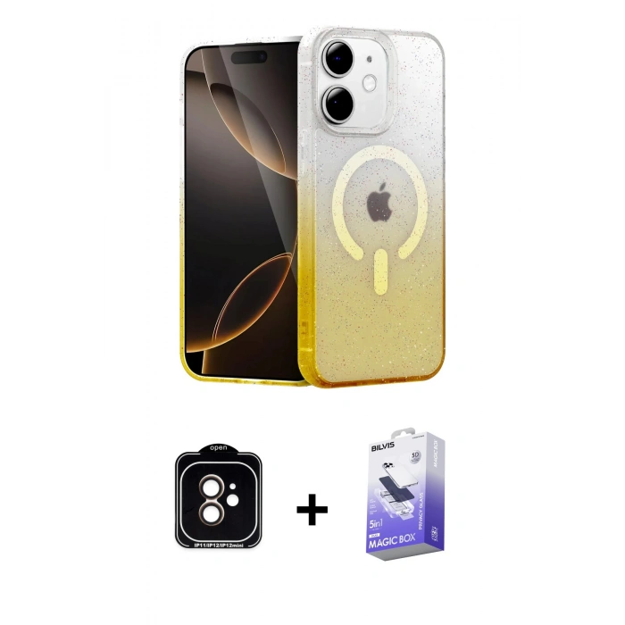 MARSİLYAN™- iPhone 11 Kılıf Eksen Minimal Özel Seri - Siyah Bilvis 5in1 5D Magic Hayalet Cam Ekran Koruyucu + PVD Metal Kamera Lens - TU