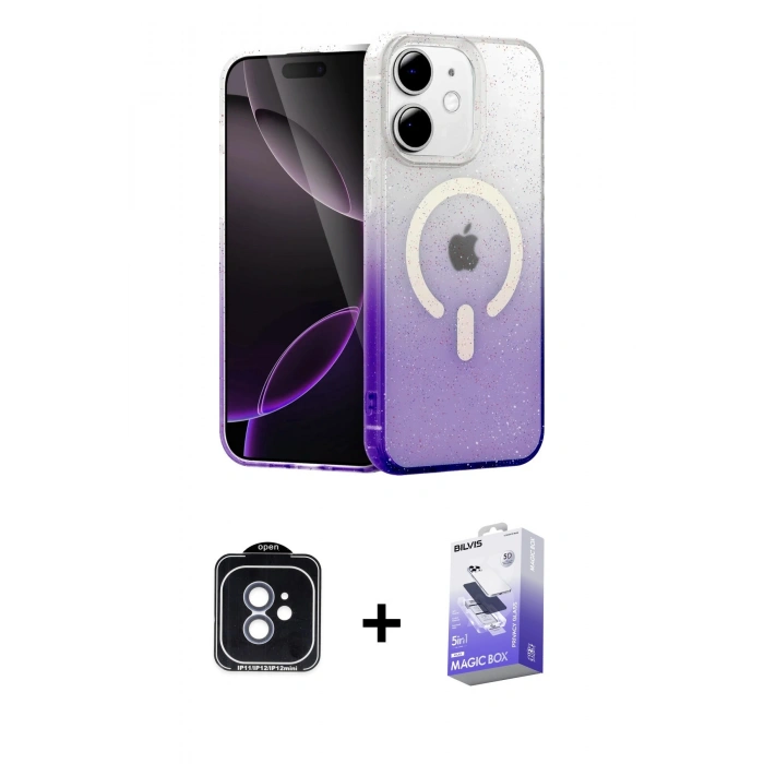 MARSİLYAN™- iPhone 11 Kılıf Eksen Minimal Özel Seri - Siyah Bilvis 5in1 5D Magic Hayalet Cam Ekran Koruyucu + PVD Metal Kamera Lens - MI