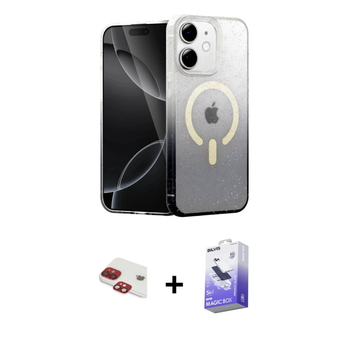 MARSİLYAN™- iPhone 11 Kılıf Eksen Minimal Özel Seri - Siyah Bilvis 5in1 5D Magic Hayalet Cam Ekran Koruyucu + Pers Alüminyum Kamera Lens - KI