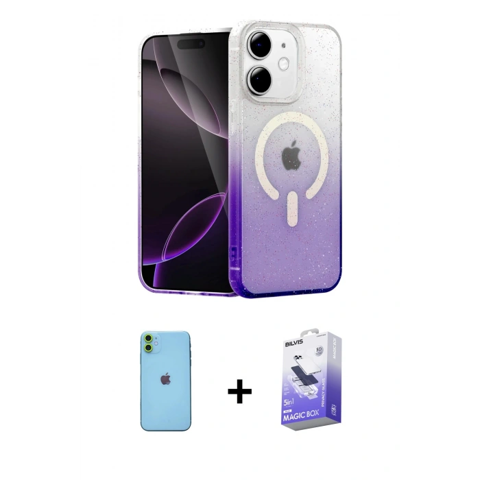 MARSİLYAN™- iPhone 11 Kılıf Eksen Minimal Özel Seri - Siyah Bilvis 5in1 5D Magic Hayalet Cam Ekran Koruyucu + Yeşil Neon Fosforlu Kamera Lens