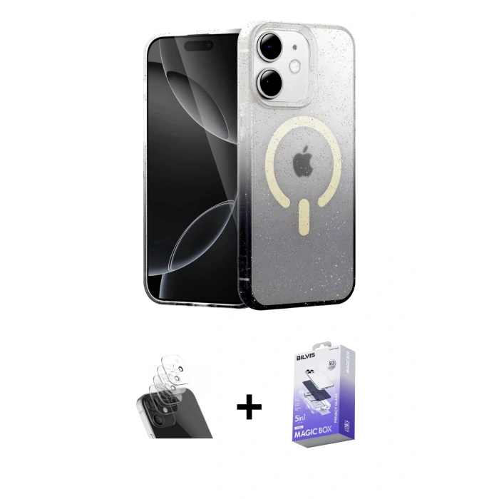 MARSİLYAN™- iPhone 11 Kılıf Eksen Minimal Özel Seri - Siyah Bilvis 5in1 5D Magic Hayalet Cam Ekran Koruyucu + Kamera Lens Koruma Cam - SF