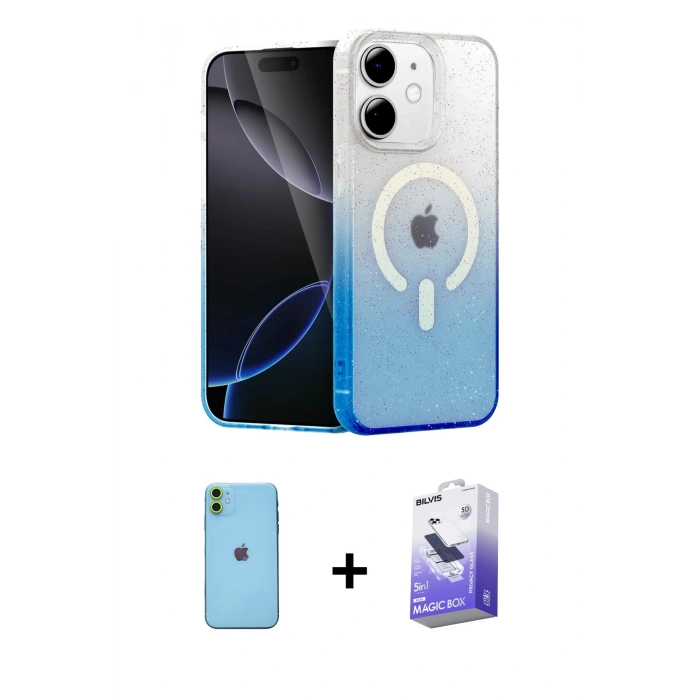 MARSİLYAN™- iPhone 11 Kılıf Eksen Minimal Özel Seri - Siyah Bilvis 5in1 5D Magic Hayalet Cam Ekran Koruyucu + Yeşil Neon Fosforlu Kamera Lens