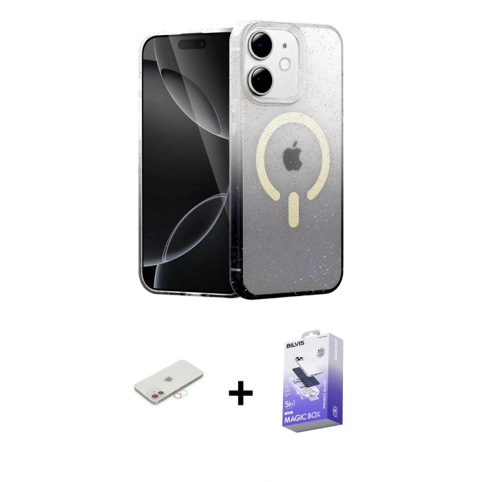 MARSİLYAN™- iPhone 11 Kılıf Eksen Minimal Özel Seri - Siyah Bilvis 5in1 5D Magic Hayalet Cam Ekran Koruyucu + Renkli Kamera Lens Koruma Cam - YL