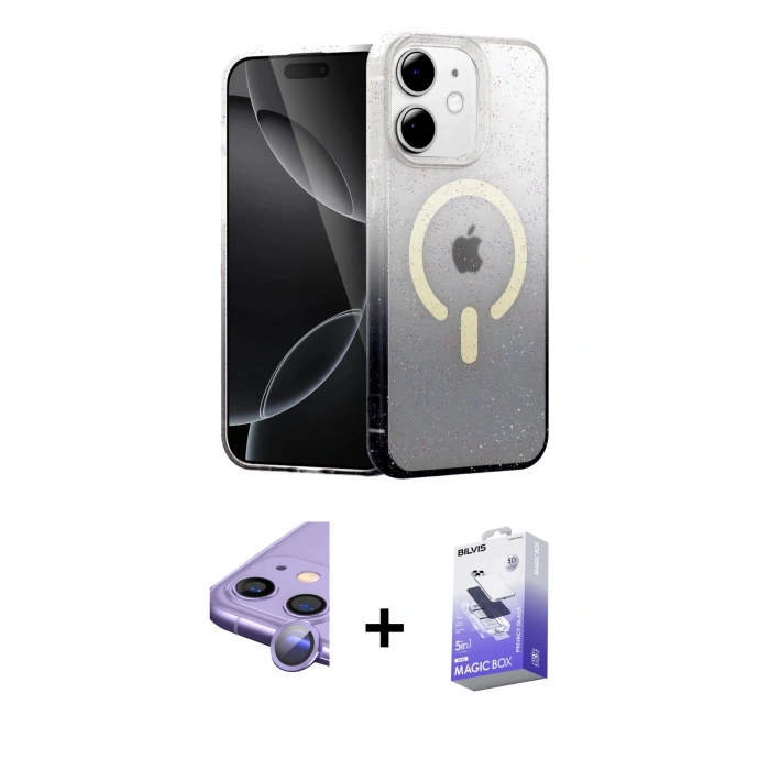 MARSİLYAN™- iPhone 11 Kılıf Eksen Minimal Özel Seri - Siyah Bilvis 5in1 5D Magic Hayalet Cam Ekran Koruyucu + Raze Metal Kamera Lens - MR