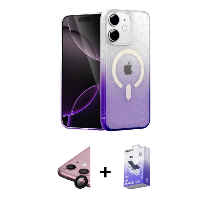 MARSİLYAN™- iPhone 11 Kılıf Eksen Minimal Özel Seri - Siyah Bilvis 5in1 5D Magic Hayalet Cam Ekran Koruyucu + Raze Metal Kamera Lens - SH