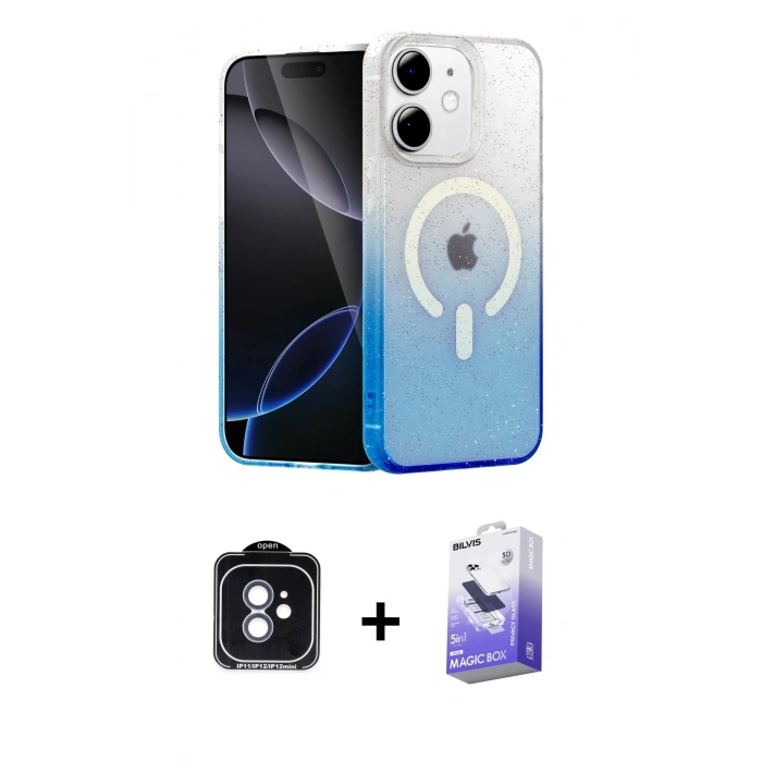 MARSİLYAN™- iPhone 11 Kılıf Eksen Minimal Özel Seri - Siyah Bilvis 5in1 5D Magic Hayalet Cam Ekran Koruyucu + PVD Metal Kamera Lens - MI
