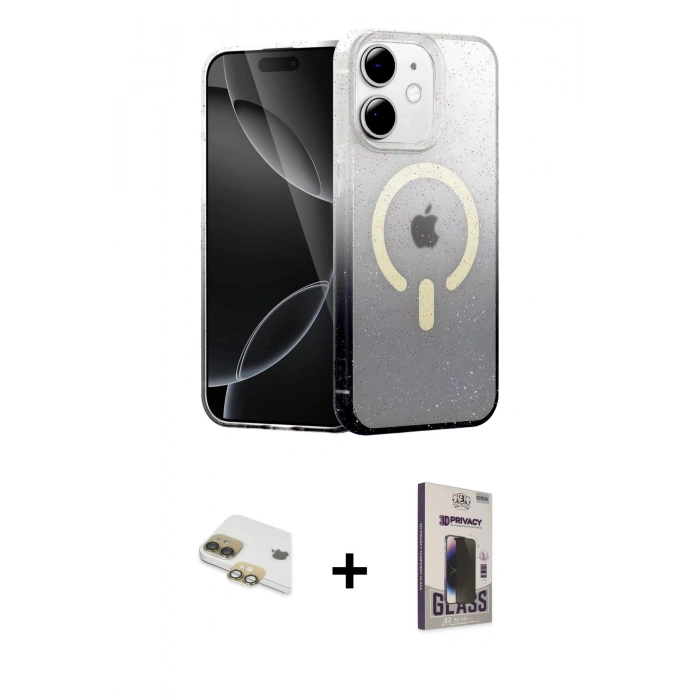 MARSİLYAN™- iPhone 11 Kılıf Eksen Minimal Özel Seri - Siyah Bilvis Hayalet Cam Ekran Koruyucu + Pers Alüminyum Kamera Lens - GD