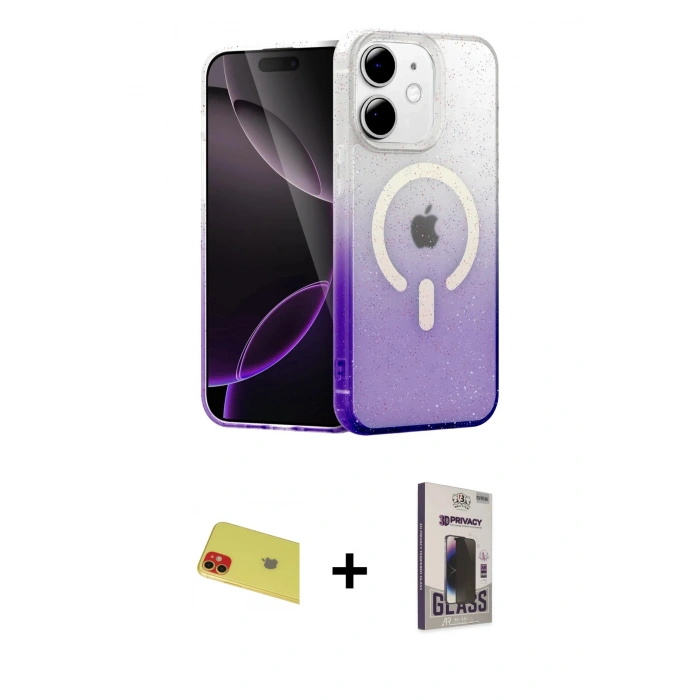 MARSİLYAN™- iPhone 11 Kılıf Eksen Minimal Özel Seri - Siyah Bilvis Hayalet Cam Ekran Koruyucu + Rainbow Kamera Lens Koruma Cam - KI