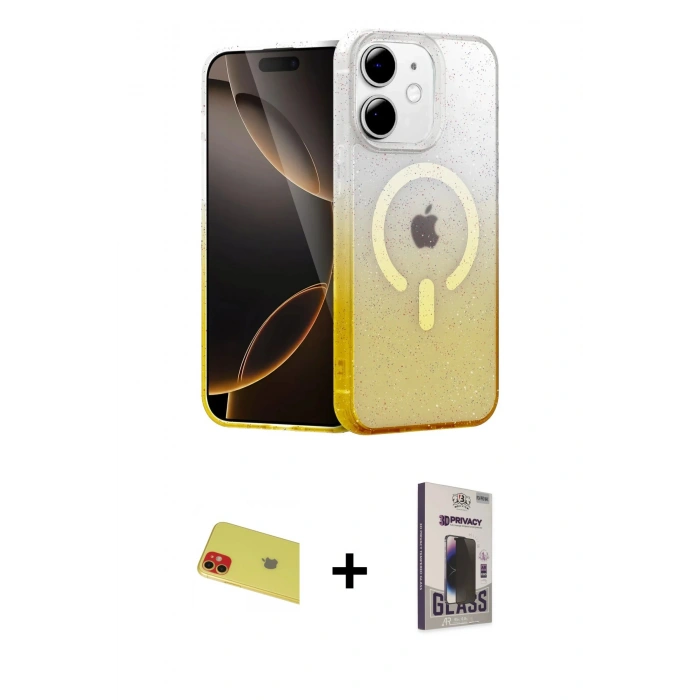MARSİLYAN™- iPhone 11 Kılıf Eksen Minimal Özel Seri - Siyah Bilvis Hayalet Cam Ekran Koruyucu + Rainbow Kamera Lens Koruma Cam - KI