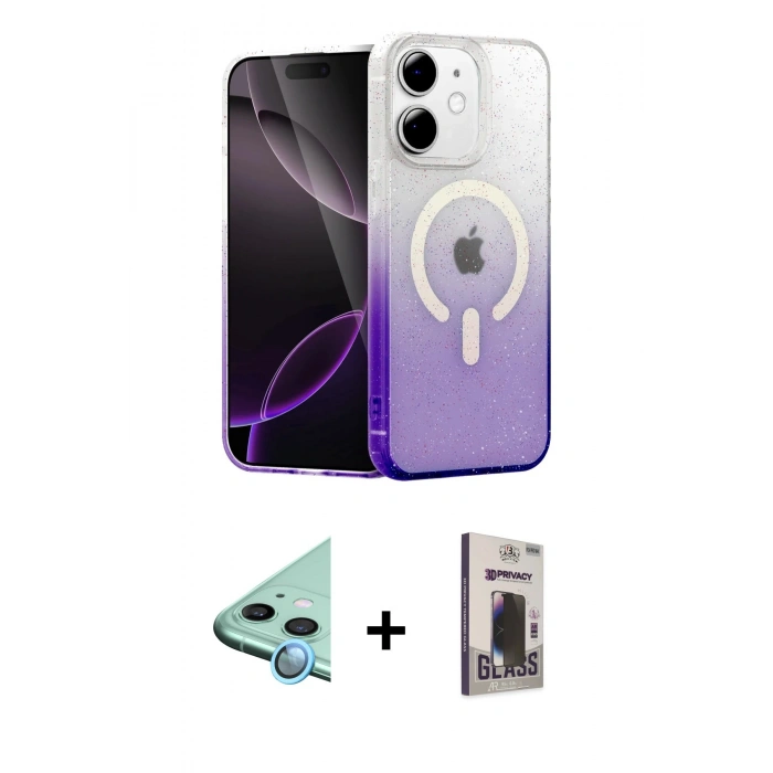 MARSİLYAN™- iPhone 11 Kılıf Eksen Minimal Özel Seri - Siyah Bilvis Hayalet Cam Ekran Koruyucu + Mavi Raze Metal Kamera Lens