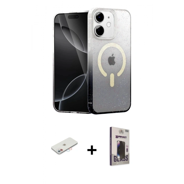 MARSİLYAN™- iPhone 11 Kılıf Eksen Minimal Özel Seri - Siyah Bilvis Hayalet Cam Ekran Koruyucu + Pembe Renkli Kamera Lens Koruma Cam