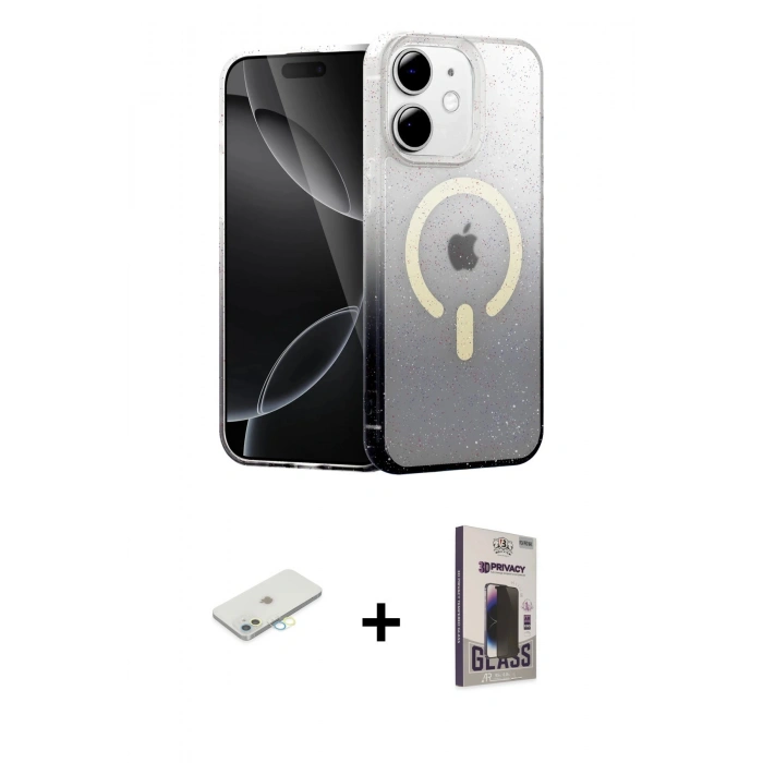 MARSİLYAN™- iPhone 11 Kılıf Eksen Minimal Özel Seri - Siyah Bilvis Hayalet Cam Ekran Koruyucu + Sarı Renkli Kamera Lens Koruma Cam
