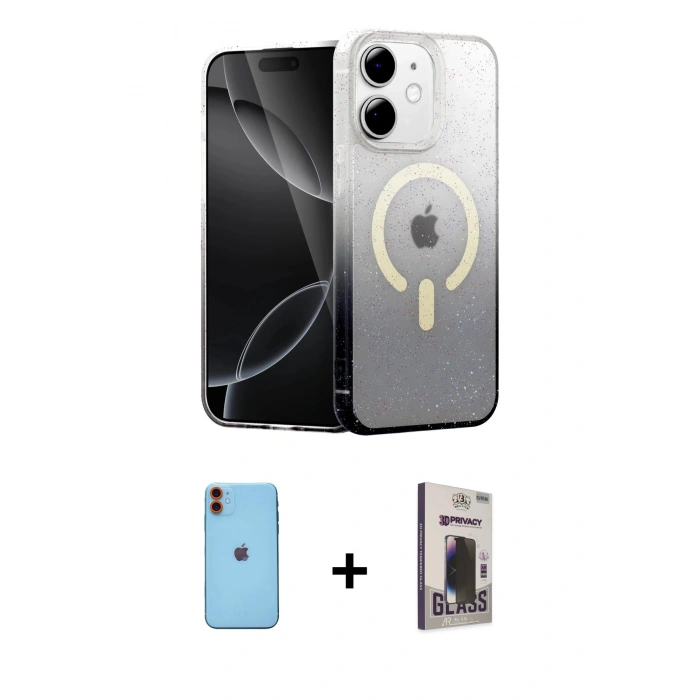 MARSİLYAN™- iPhone 11 Kılıf Eksen Minimal Özel Seri - Siyah Bilvis Hayalet Cam Ekran Koruyucu + Neon Fosforlu Kamera Lens - TU