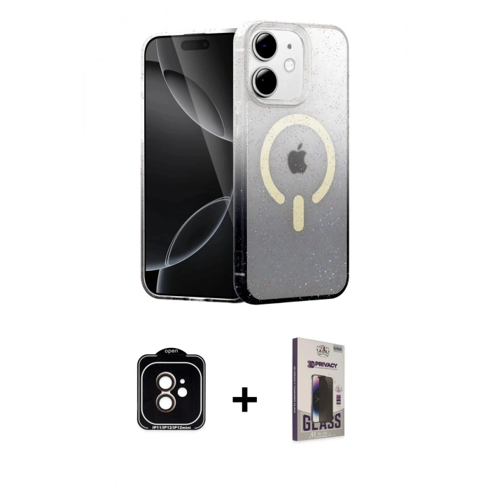 MARSİLYAN™- iPhone 11 Kılıf Eksen Minimal Özel Seri - Siyah Bilvis Hayalet Cam Ekran Koruyucu + Turuncu PVD Metal Kamera Lens
