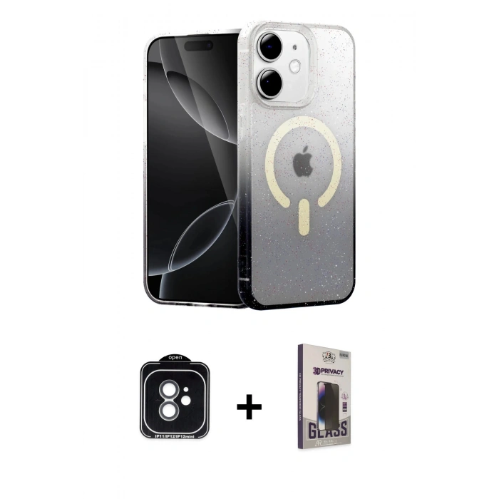 MARSİLYAN™- iPhone 11 Kılıf Eksen Minimal Özel Seri - Siyah Bilvis Hayalet Cam Ekran Koruyucu + PVD Metal Kamera Lens - YL