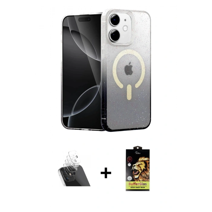 MARSİLYAN™- iPhone 11 Kılıf Eksen Minimal Özel Seri - Siyah Buffer Cam Ekran Koruyucu + Kamera Lens Koruma Cam - SF