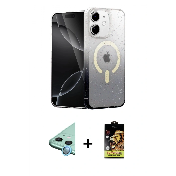 MARSİLYAN™- iPhone 11 Kılıf Eksen Minimal Özel Seri - Siyah Buffer Cam Ekran Koruyucu + Raze Metal Kamera Lens - MI