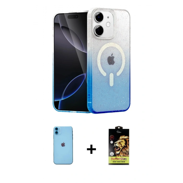 MARSİLYAN™- iPhone 11 Kılıf Eksen Minimal Özel Seri - Siyah Buffer Cam Ekran Koruyucu + Neon Fosforlu Kamera Lens - MI