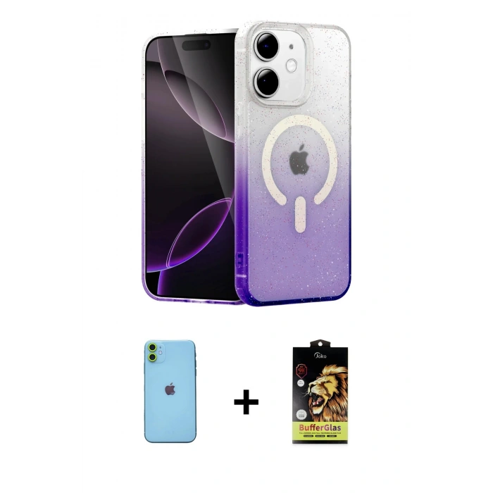 MARSİLYAN™- iPhone 11 Kılıf Eksen Minimal Özel Seri - Siyah Buffer Cam Ekran Koruyucu + Neon Fosforlu Kamera Lens - YL