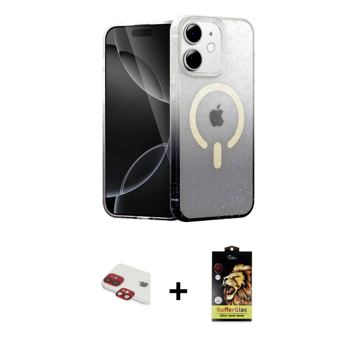 MARSİLYAN™- iPhone 11 Kılıf Eksen Minimal Özel Seri - Siyah Buffer Cam Ekran Koruyucu + Pers Alüminyum Kamera Lens - KI