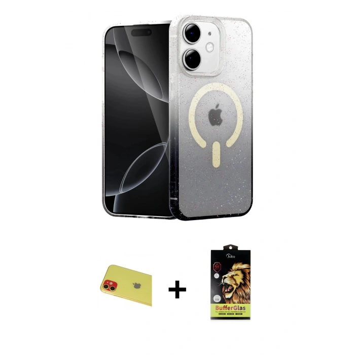 MARSİLYAN™- iPhone 11 Kılıf Eksen Minimal Özel Seri - Siyah Buffer Cam Ekran Koruyucu + Rainbow Kamera Lens Koruma Cam - KI