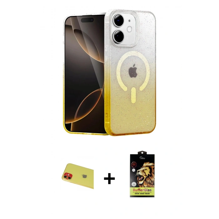 MARSİLYAN™- iPhone 11 Kılıf Eksen Minimal Özel Seri - Siyah Buffer Cam Ekran Koruyucu + Rainbow Kamera Lens Koruma Cam - KI