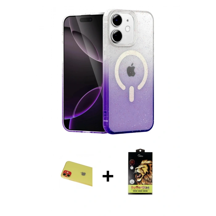 MARSİLYAN™- iPhone 11 Kılıf Eksen Minimal Özel Seri - Siyah Buffer Cam Ekran Koruyucu + Rainbow Kamera Lens Koruma Cam - KI