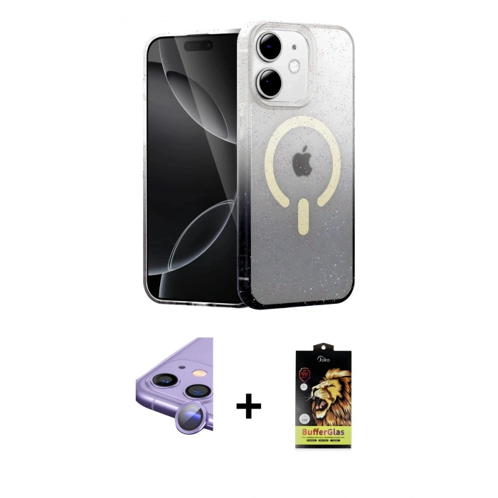 MARSİLYAN™- iPhone 11 Kılıf Eksen Minimal Özel Seri - Siyah Buffer Cam Ekran Koruyucu + Raze Metal Kamera Lens - MR