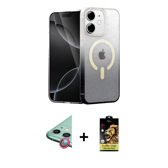 MARSİLYAN™- iPhone 11 Kılıf Eksen Minimal Özel Seri - Siyah Buffer Cam Ekran Koruyucu + Raze Metal Kamera Lens - KI