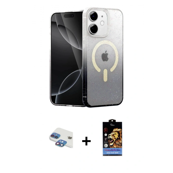MARSİLYAN™- iPhone 11 Kılıf Eksen Minimal Özel Seri - Siyah Buffer Hayalet Cam Ekran Koruyucu + Pers Alüminyum Kamera Lens - GI
