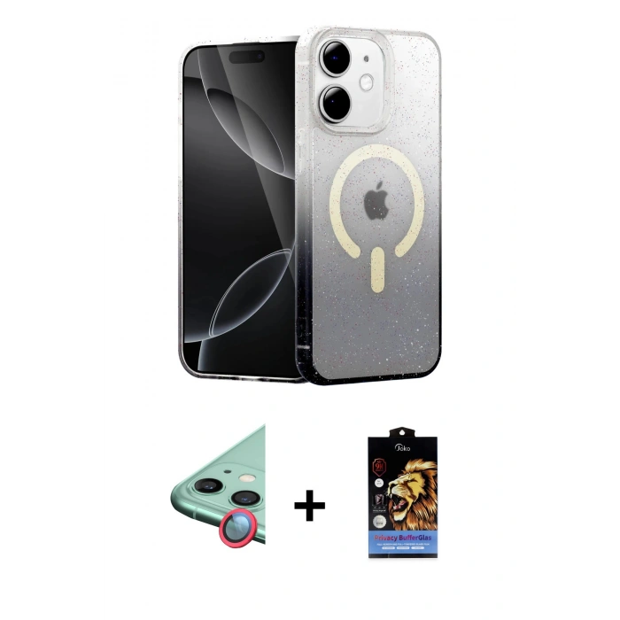 MARSİLYAN™- iPhone 11 Kılıf Eksen Minimal Özel Seri - Siyah Buffer Hayalet Cam Ekran Koruyucu + Raze Metal Kamera Lens - KI