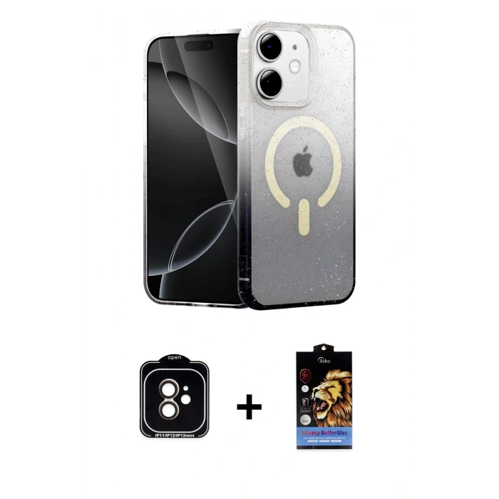 MARSİLYAN™- iPhone 11 Kılıf Eksen Minimal Özel Seri - Siyah Buffer Hayalet Cam Ekran Koruyucu + PVD Metal Kamera Lens - TU