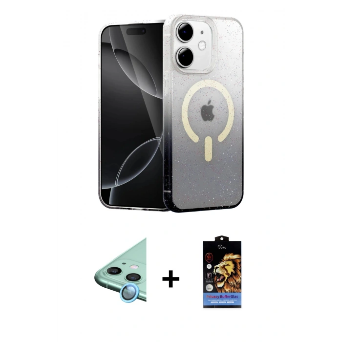 MARSİLYAN™- iPhone 11 Kılıf Eksen Minimal Özel Seri - Siyah Buffer Hayalet Cam Ekran Koruyucu + Raze Metal Kamera Lens - MI