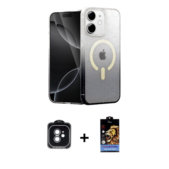 MARSİLYAN™- iPhone 11 Kılıf Eksen Minimal Özel Seri - Siyah Buffer Hayalet Cam Ekran Koruyucu + Yeşil PVD Metal Kamera Lens