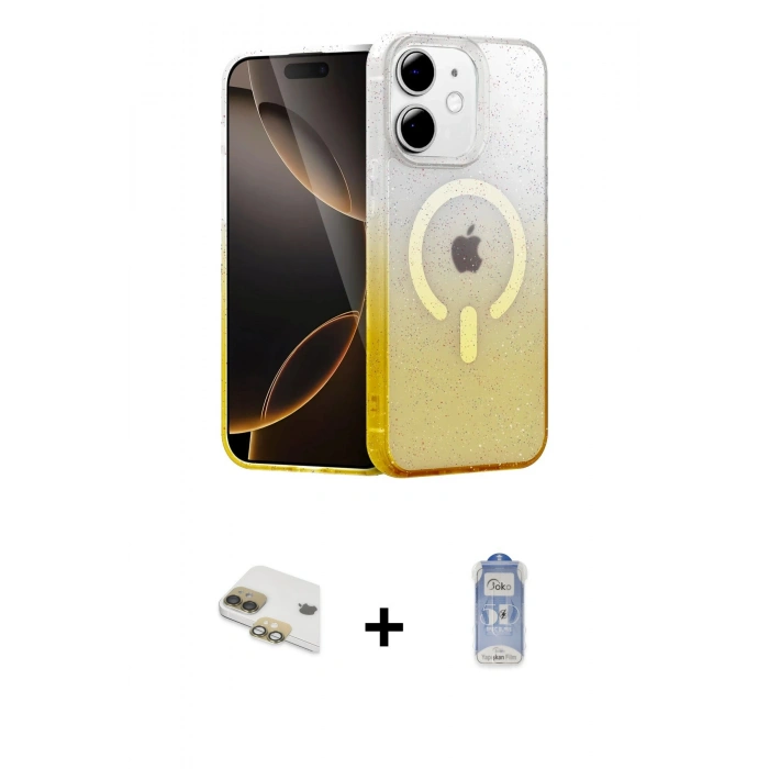 MARSİLYAN™- iPhone 11 Kılıf Eksen Minimal Özel Seri - Siyah Joko Magic 5D Cam + Gold Pers Alüminyum Kamera Lens