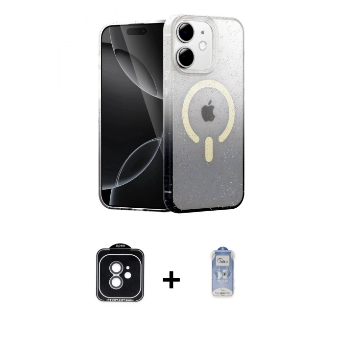 MARSİLYAN™- iPhone 11 Kılıf Eksen Minimal Özel Seri - Siyah Joko Magic 5D Cam + PVD Metal Kamera Lens - YL