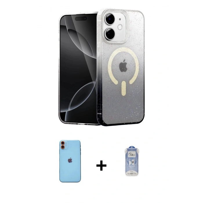 MARSİLYAN™- iPhone 11 Kılıf Eksen Minimal Özel Seri - Siyah Joko Magic 5D Cam + Turuncu Neon Fosforlu Kamera Lens