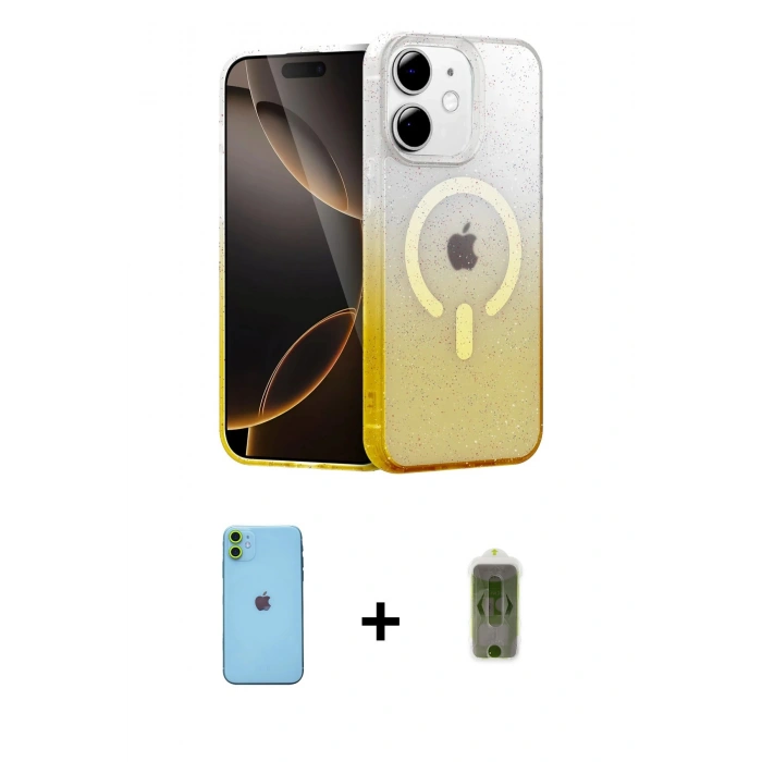 MARSİLYAN™- iPhone 11 Kılıf Eksen Minimal Özel Seri - Siyah Joko Magic 5D Hayalet Cam + Neon Fosforlu Kamera Lens - YL
