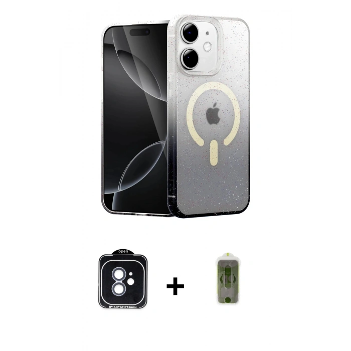 MARSİLYAN™- iPhone 11 Kılıf Eksen Minimal Özel Seri - Siyah Joko Magic 5D Hayalet Cam + PVD Metal Kamera Lens - MI