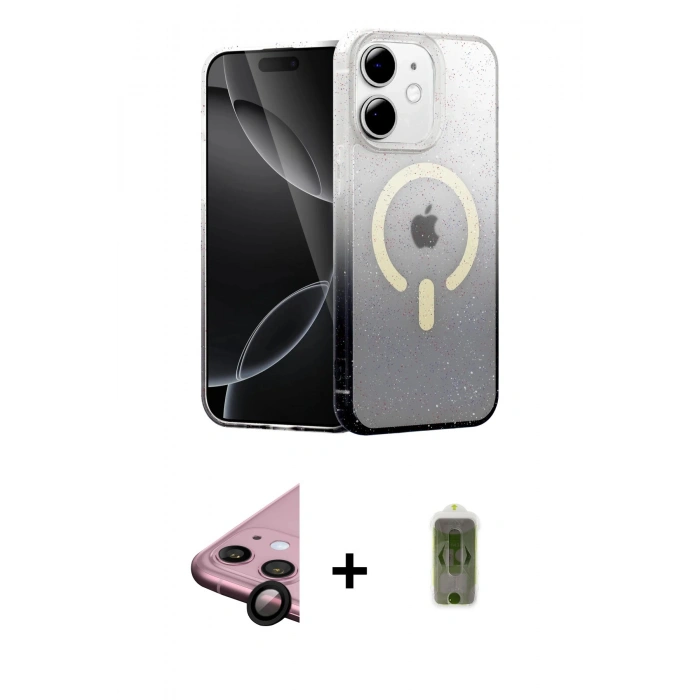 MARSİLYAN™- iPhone 11 Kılıf Eksen Minimal Özel Seri - Siyah Joko Magic 5D Hayalet Cam + Raze Metal Kamera Lens - SH
